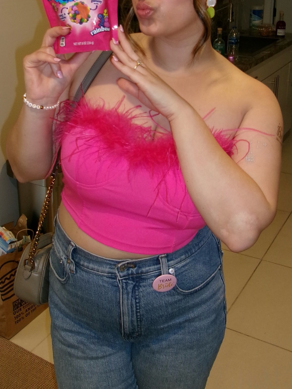 Pink Feather-Trim Tube Top by